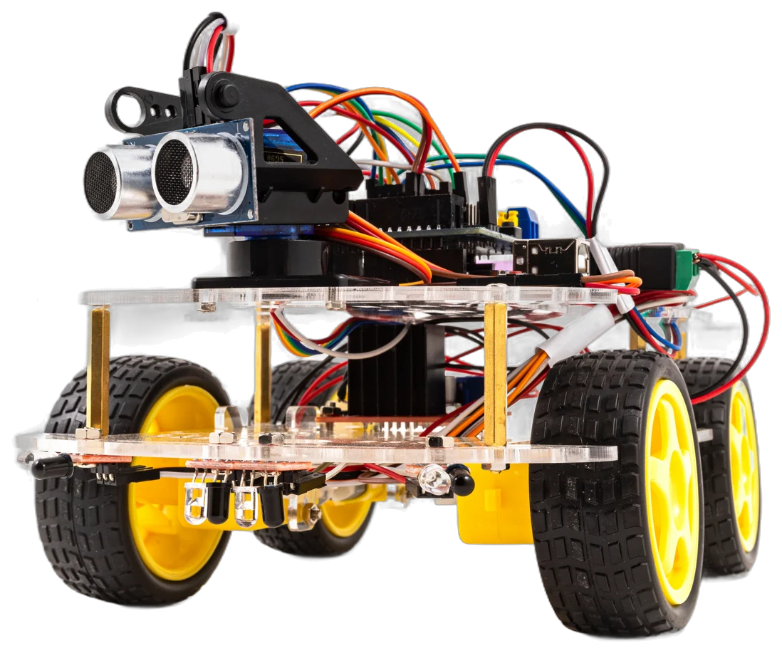 An Arduino robot car on clear acrylic decks with yellow wheels
