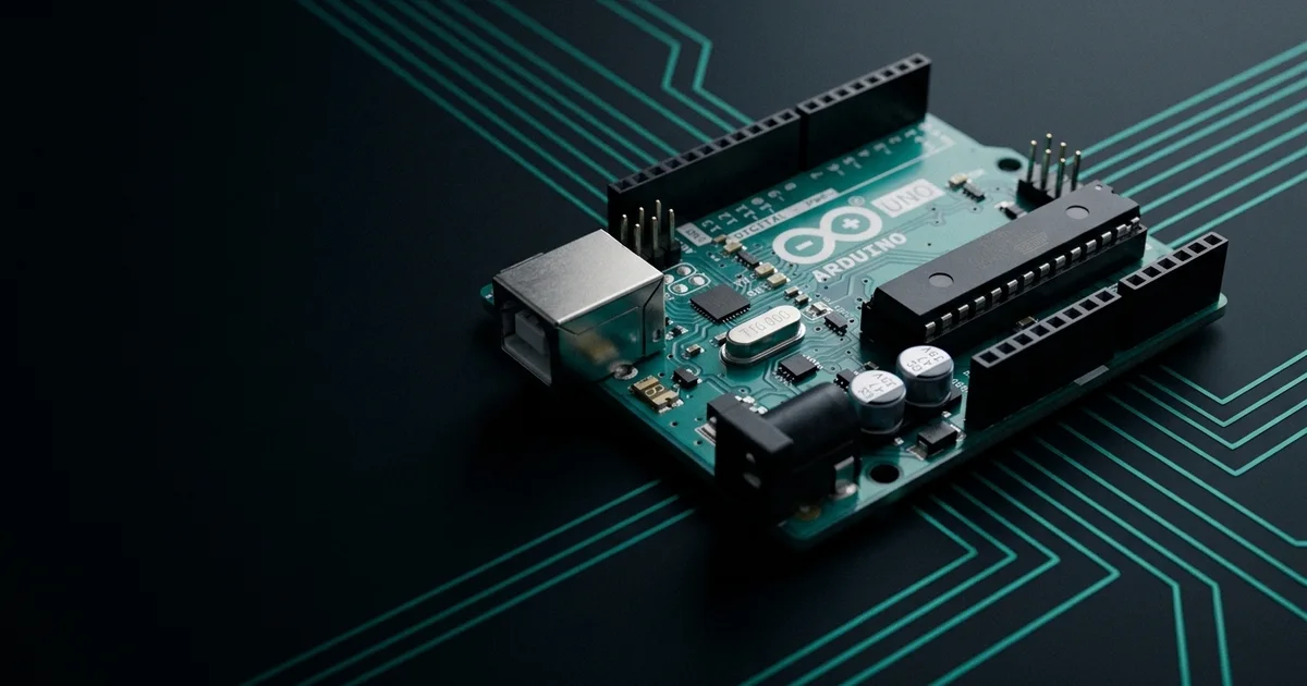 An Arduino Uno R3 board on a dark surface, teal circuit traces running beneath it