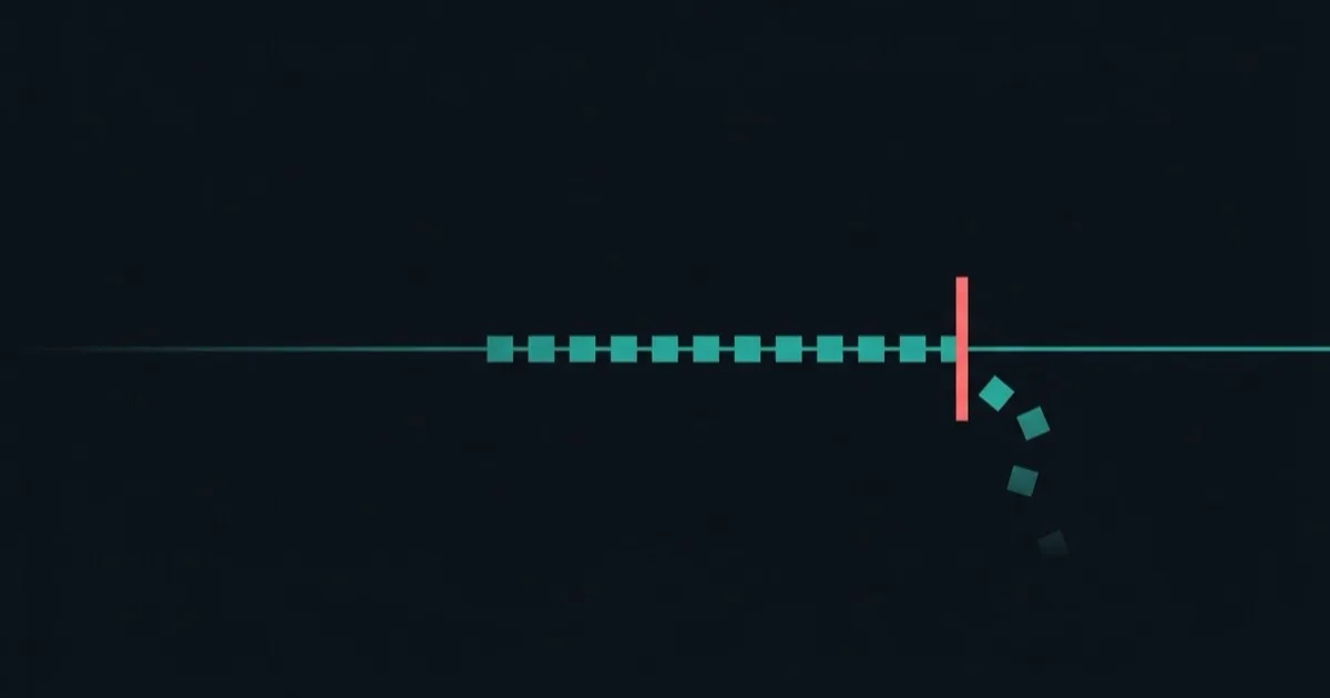 A teal stream of data meeting a coral cut-off, with the last fragments falling away