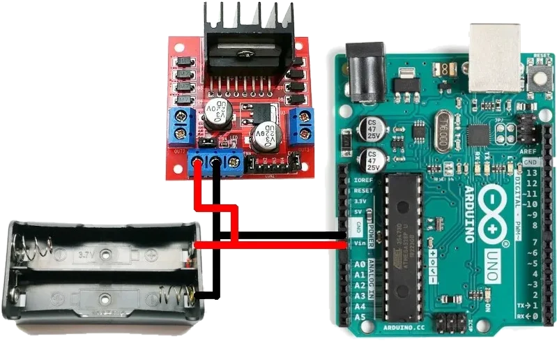 Battery holder wired to the L298N +12V and GND terminals, with the same two leads continuing to the Arduino Vin and GND pins