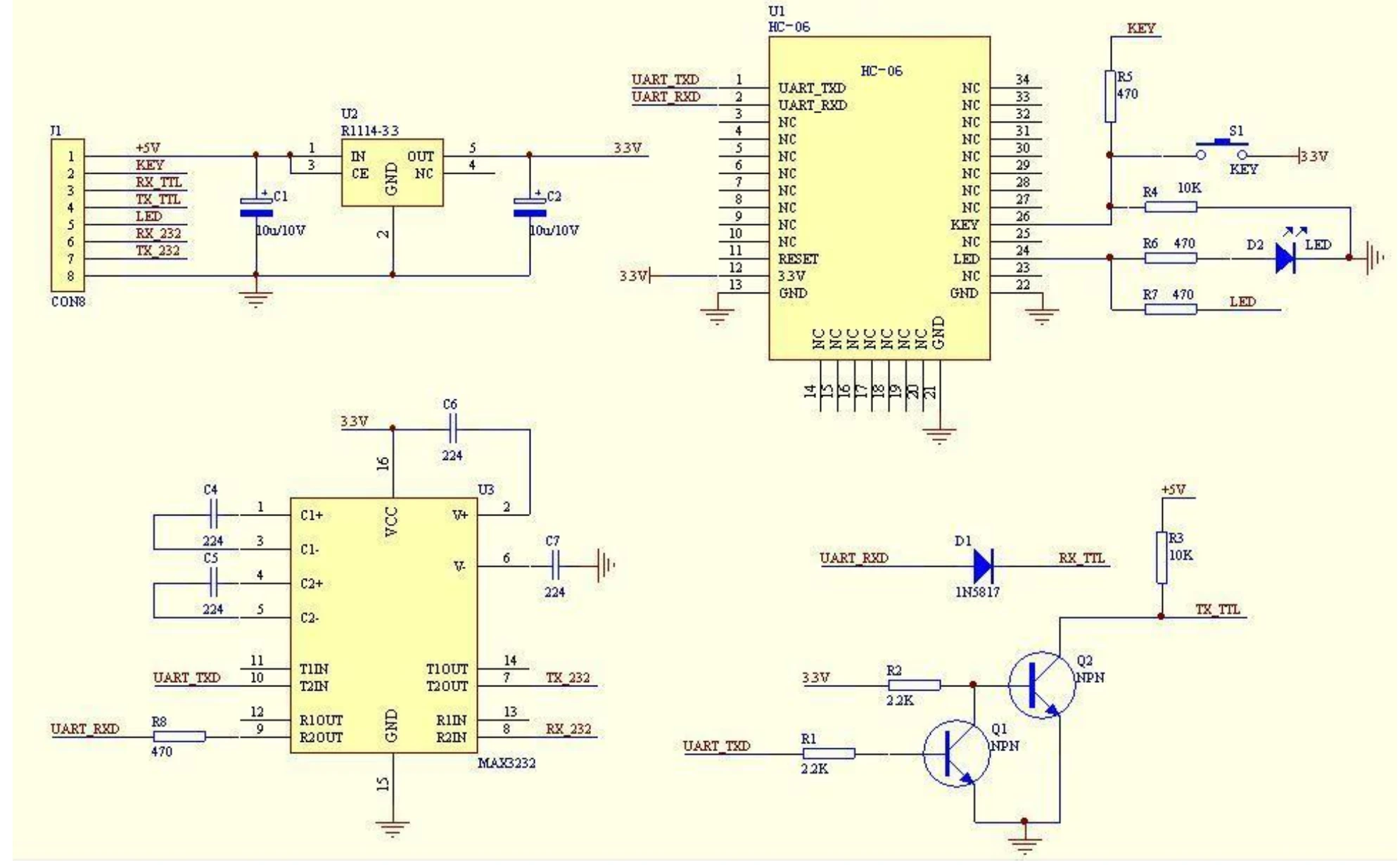 HC-06 5V adapter board circuit from its datasheet: an 8-pin header with +5V, KEY, RX_TTL, TX_TTL, LED, RX_232, TX_232 and GND, an R1114-33 3.3V regulator, a 1N5817 diode on the RX line, a two-transistor level shifter on TX, and a MAX3232 for RS-232