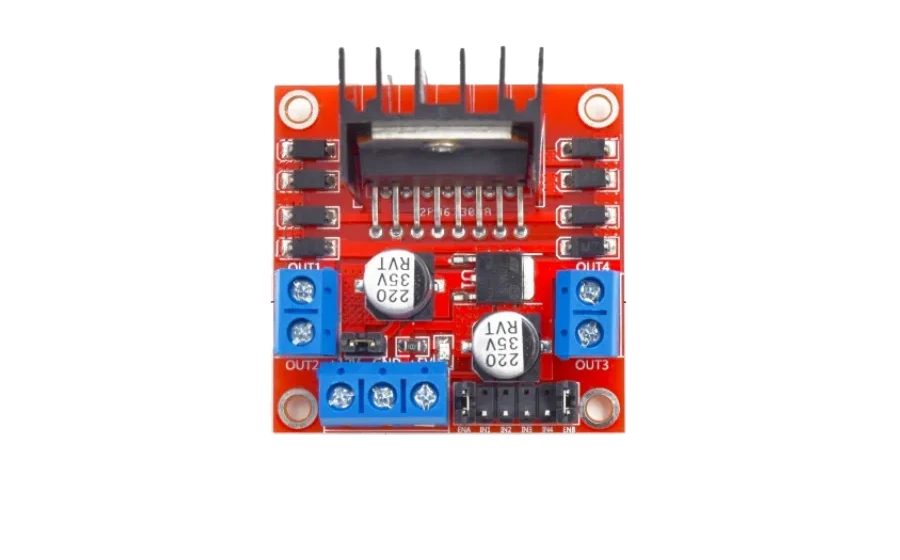 L298N module with each terminal labelled by its L298 chip pin: OUT1 pin 2, OUT2 pin 3, OUT3 pin 13, OUT4 pin 14, +12V to Vs pin 4, GND pin 8, +5V to Vss pin 9, ENA pin 6, IN1 pin 5, IN2 pin 7, IN3 pin 10, IN4 pin 12, ENB pin 11