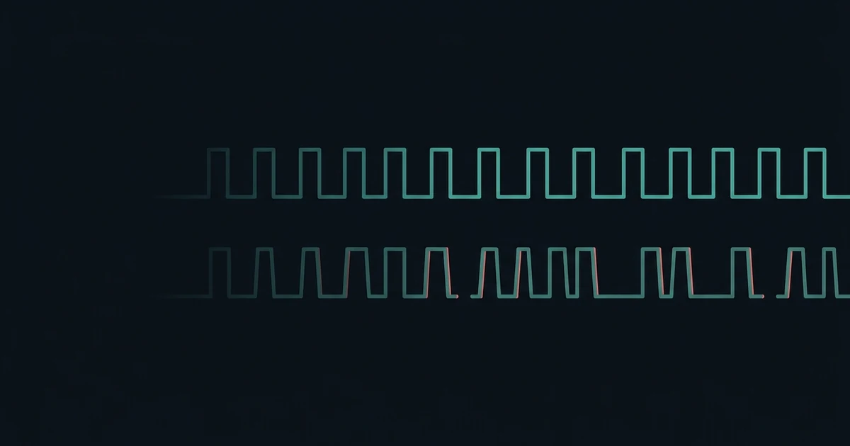 Two square waves carrying the same data, the upper one perfectly even and unbroken, the lower one with uneven pulse widths and short gaps