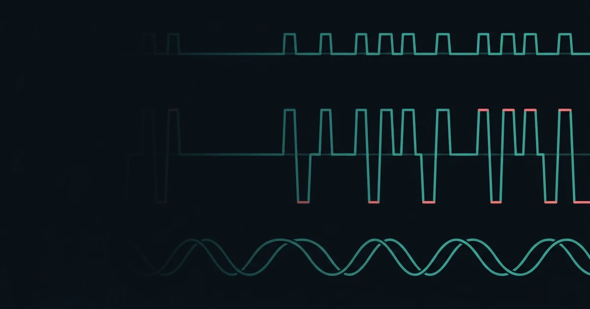 Three waveforms with the same rhythm: a small square wave, a taller inverted one, and a smooth twisted pair