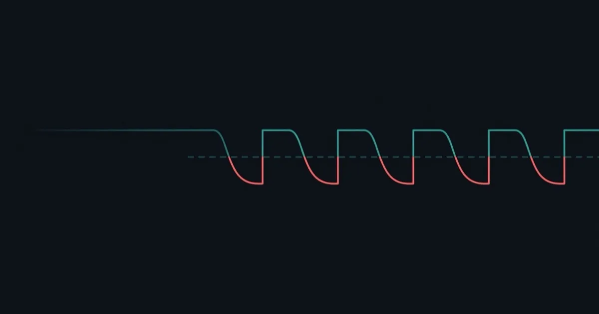 A voltage line dipping below a marked threshold and recovering, repeatedly, forming a sawtooth