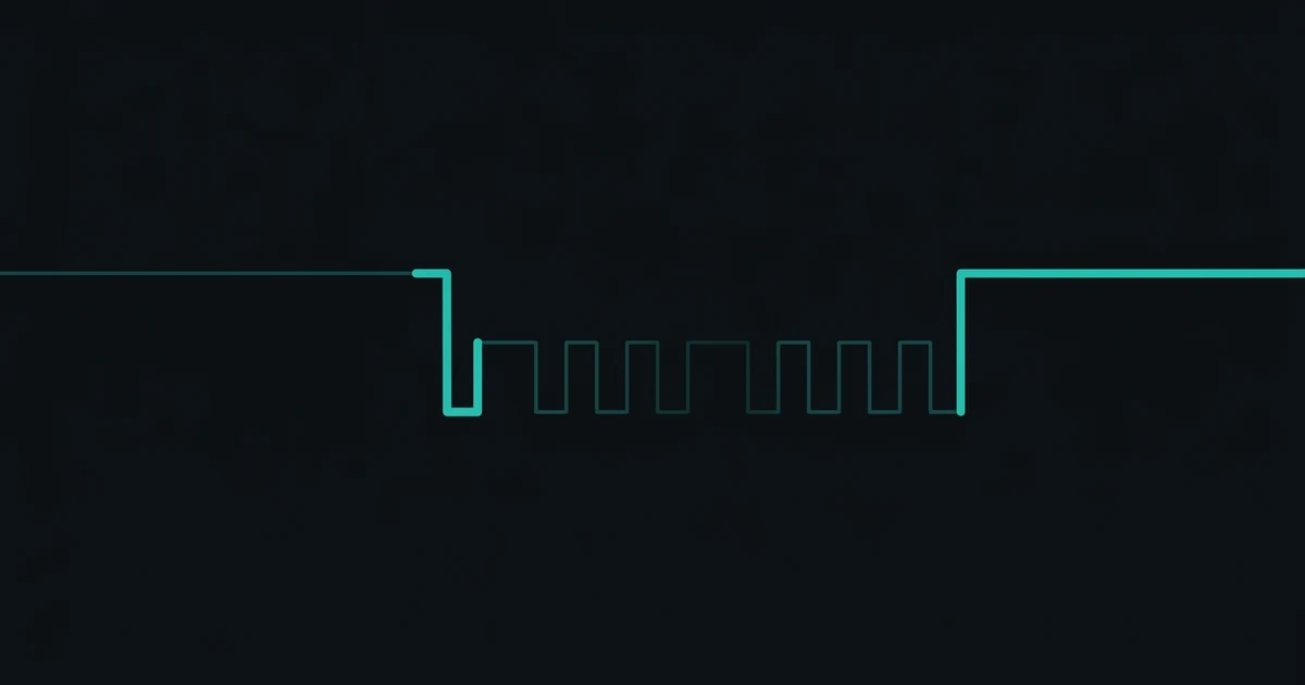 A single serial frame drawn as a square wave, with the opening falling edge and the closing high segment picked out brighter than the data bits between them