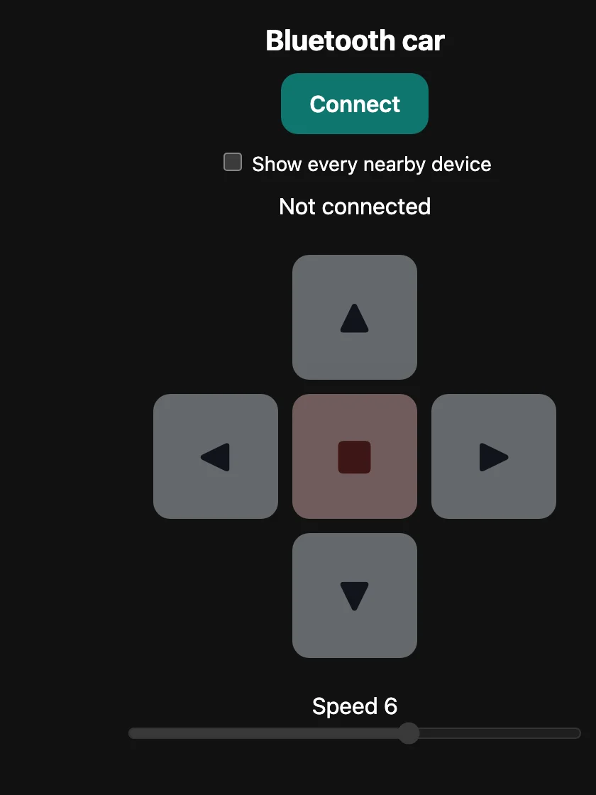The web-page remote: a D-pad with forward, back, left, right and stop, and a speed slider