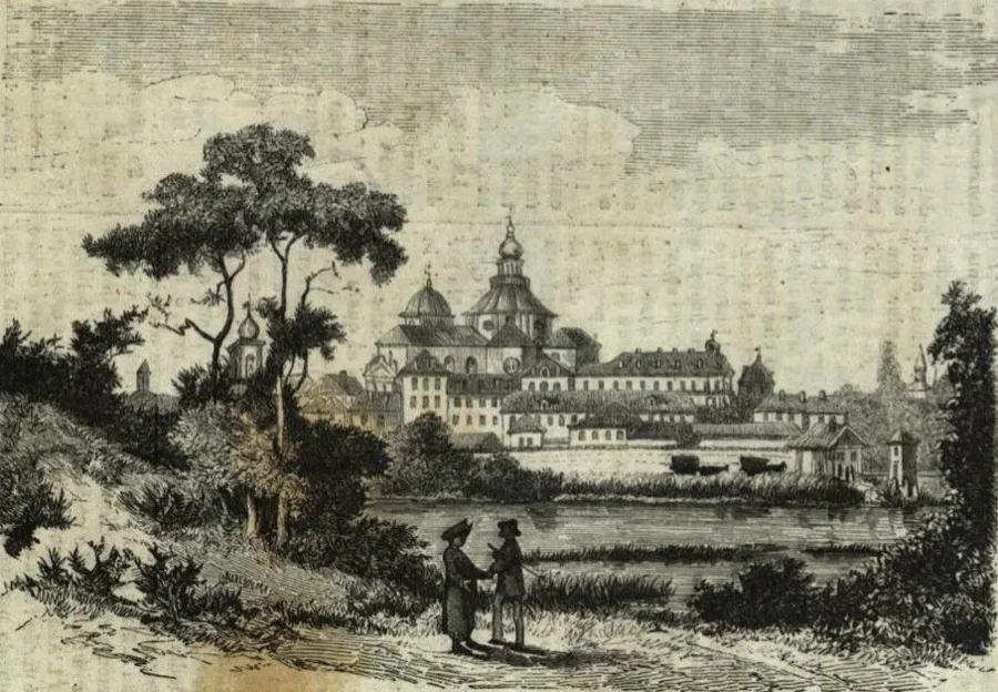 Fruttuaria Abbey, "where King Arduin died a monk" (1876 woodcut)