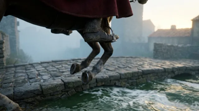 Hooves pass over the worn stones of the bridge; the river rushes below.