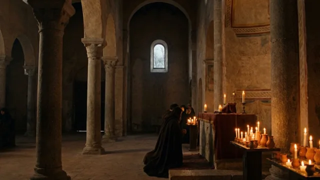 A candlelit early-Romanesque nave in Pavia; flames lean in a draught.