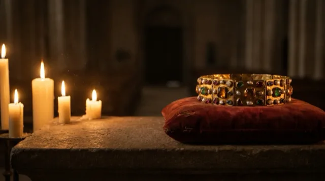 A gold circlet on a red cushion by candlelight.