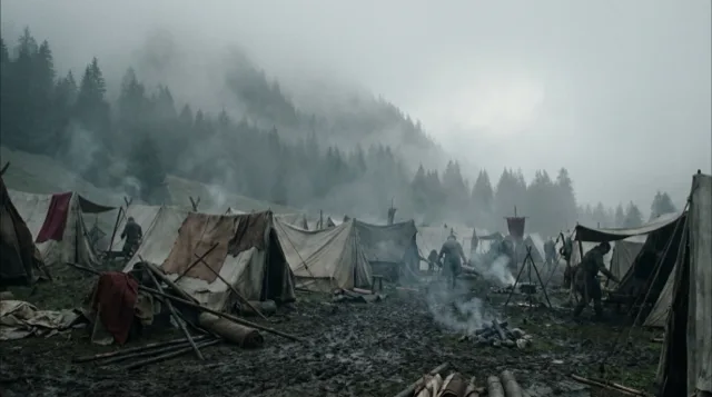 A camp in an Alpine valley in fog, half struck, smoke from dying fires.