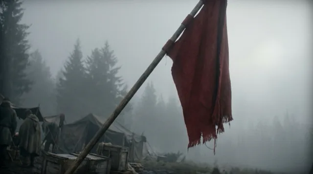 A faded red banner on a leaning pole in fog.