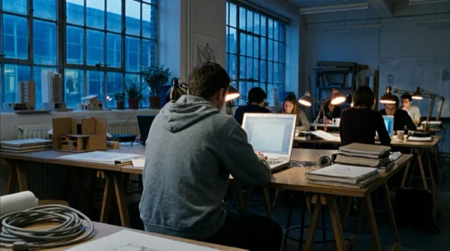 A design-school studio at evening, seen from behind one student at a laptop.