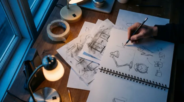 A student's hand sketching objects and arrows in a spiral sketchbook.