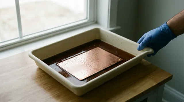 A blank copper plate in a tray of brown liquid; bubbles rise as the tray rocks.