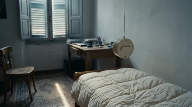 A cream alarm clock hanging on a cord above a bed at dawn, swaying.