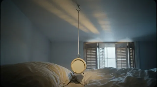 The alarm clock climbs its cord toward the ceiling, out of reach.