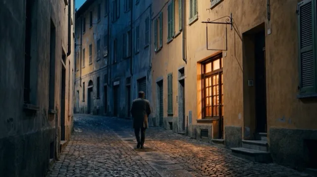 The Ivrea street at blue hour; one figure walks up toward the lit bar.