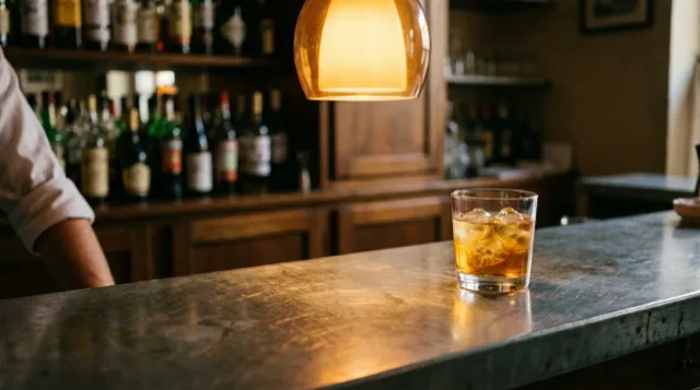 A short glass of amber aperitivo on the zinc; ice settles.