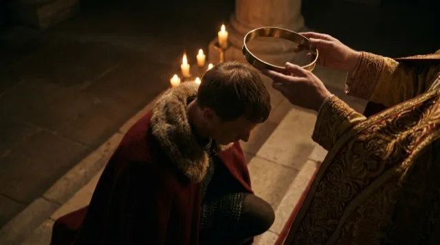 From behind and above: a figure kneels before the altar as two hands hold a crown over his head.