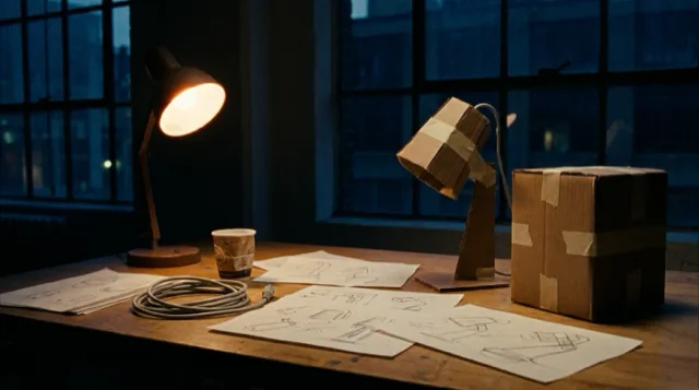 A desk lamp over cardboard prototypes and sketches, late at night in the studio.