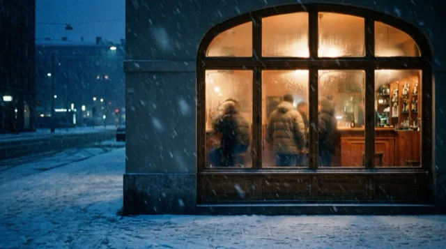 Snow falls past the tall window of a small bar at night; warm light inside.
