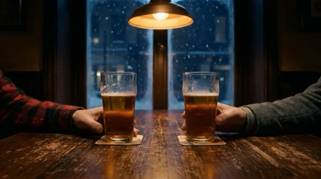 Two pint glasses on a scarred table; two hands at rest; snow beyond the window.