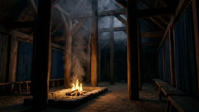 A long timber hall by firelight: the hearth burns low, smoke climbs to the rafters.