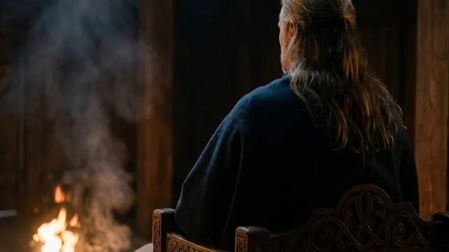 The king on his high seat, seen from behind; the fire beyond him.