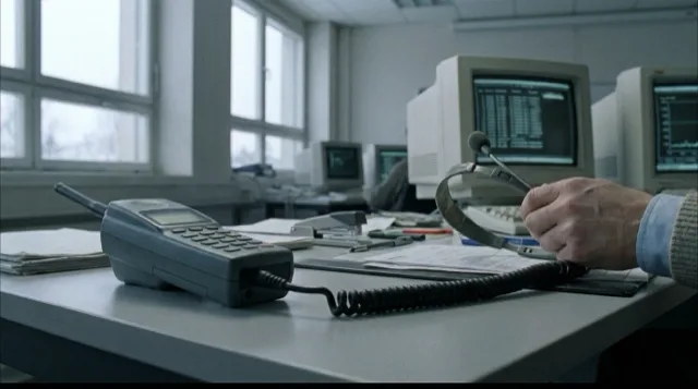 A phone and a corded headset on a desk; a hand lifts the headset and the coiled cable pulls taut.