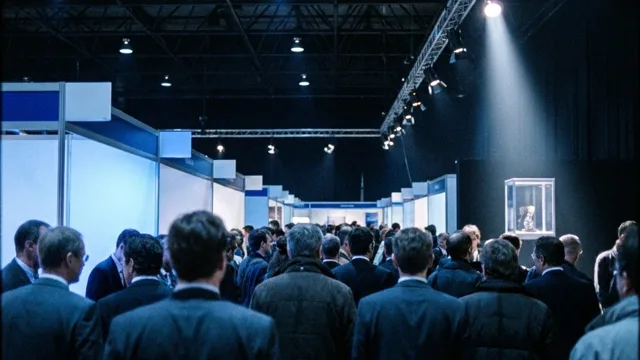 A 1999 trade-show floor seen from behind the crowd: aisles of glowing booths under black trusses.