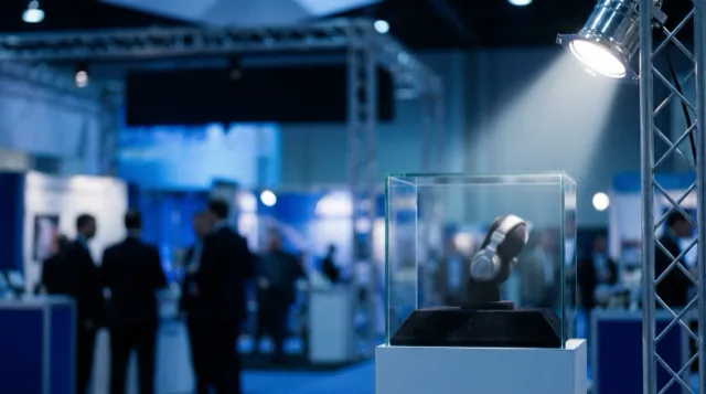 A small glass case on a white plinth under one spotlight; inside, a silver earpiece, soft.