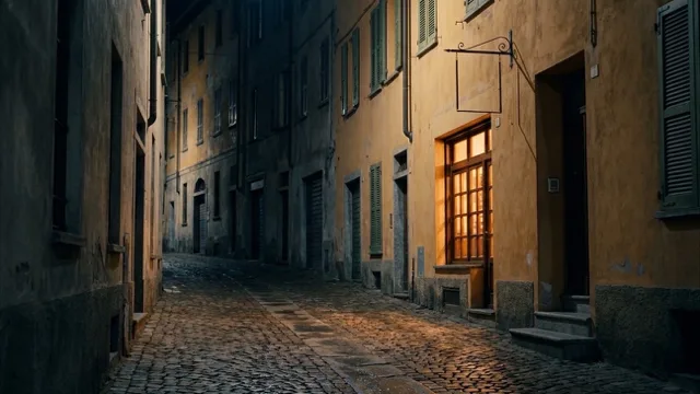 The Ivrea street at night, the lit bar window framed by a stone doorway.