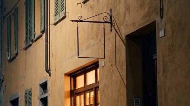 The wrought-iron bracket above the bar window, the sign edge-on in the glare, swaying.