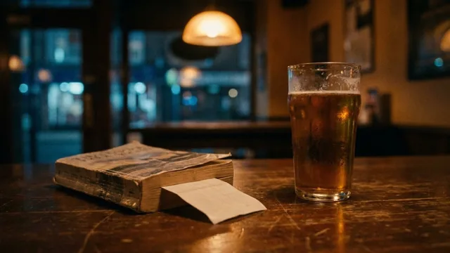 A worn paperback face-down by a pint glass on the bar table.