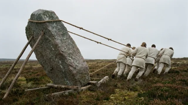 The great stone half-raised on timber props, ropes taut to a team pulling from behind.