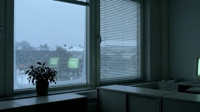 A tall office window in Lund on a winter afternoon, snow falling past half-open blinds.