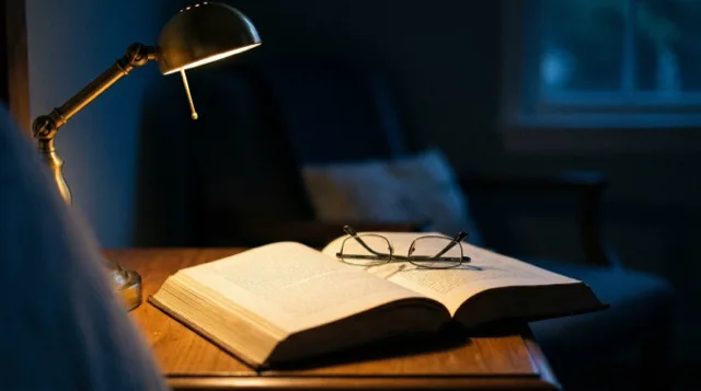 An open history book under a reading lamp at night.