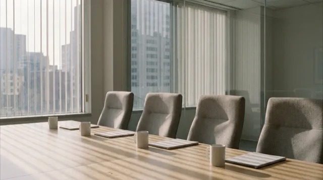 A long meeting table in 1998, five chairs pushed in, pale morning light.