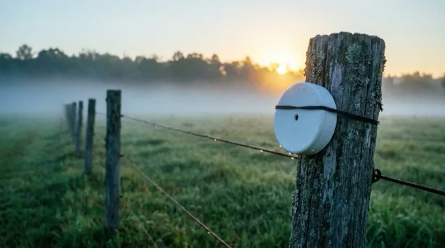 A misty field at sunrise: fence posts, and a small white puck strapped to the nearest one.
