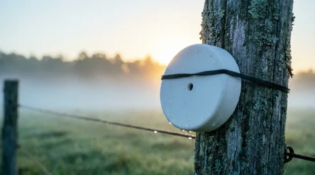 Close on the white puck, dew beaded on its face, its pinhole light dark.