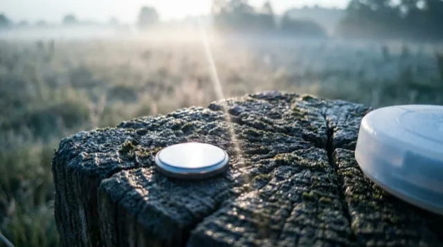 A thin silver button cell lying flat on the wet post top; a dew drop slides.