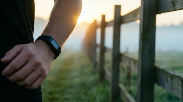 A runner's wrist with a plain black band passes the misty fence line.