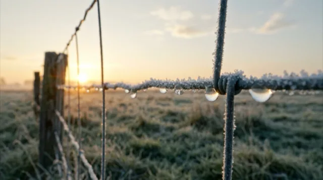 Frost on the fence wire melts into drops in the first sun.