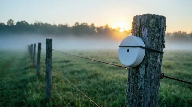 The sensor on its post in the mist; its pinhole light blinks teal once.