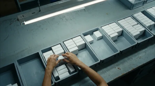 Hands sort identical small closed white boxes into grey trays under a strip light.