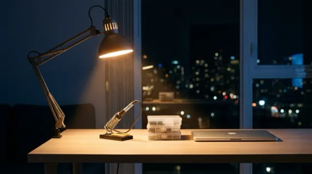 The maker's desk at night, lamp on, dust drifting in the light; nothing answers.