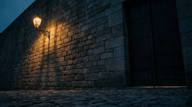 A tall stone wall at night; a lantern rakes light across it; the camera tilts up.