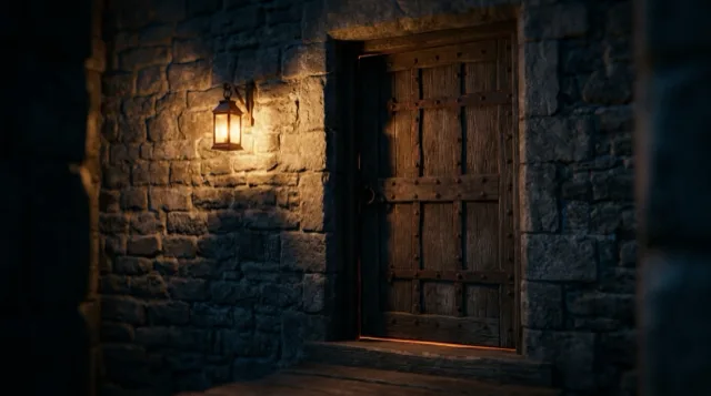The heavy oak door stays shut; a line of light lies under it.